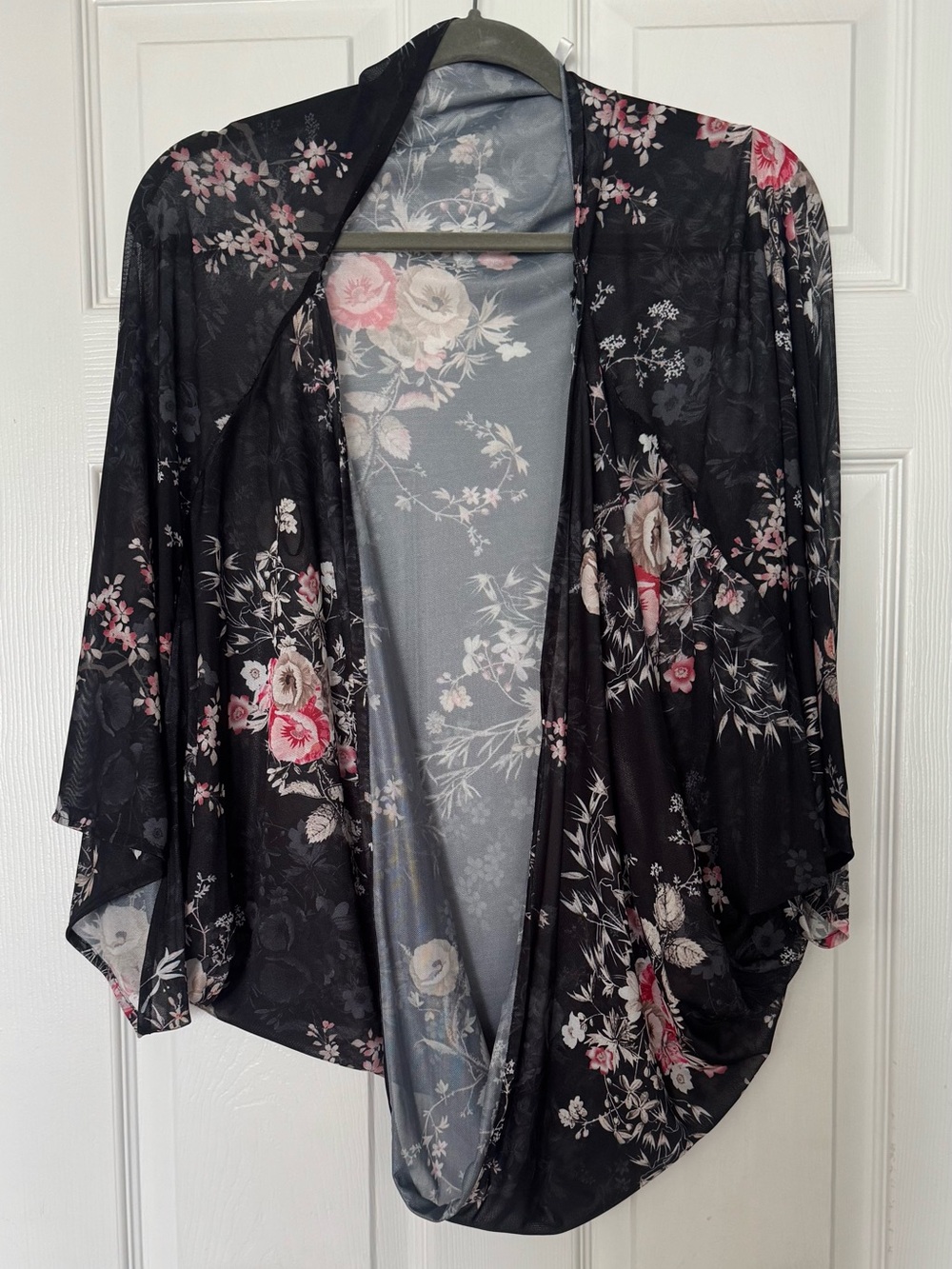 Black Floral Draped Cardigan - Open Front